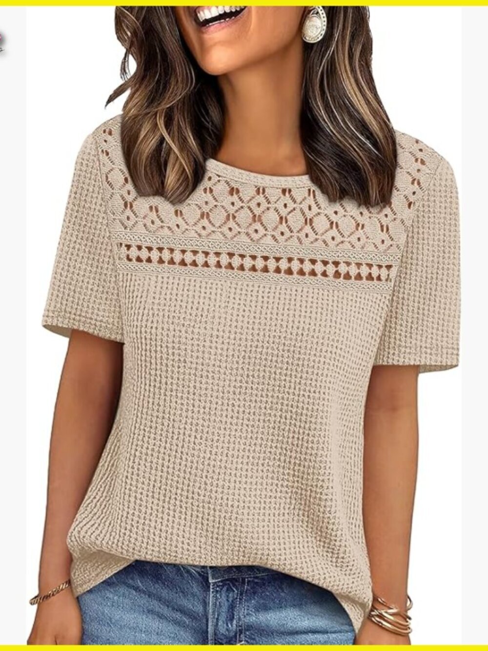Crochet Lace Waffle Knit Top Boho Casual Elegant Short Sleeve Blouse